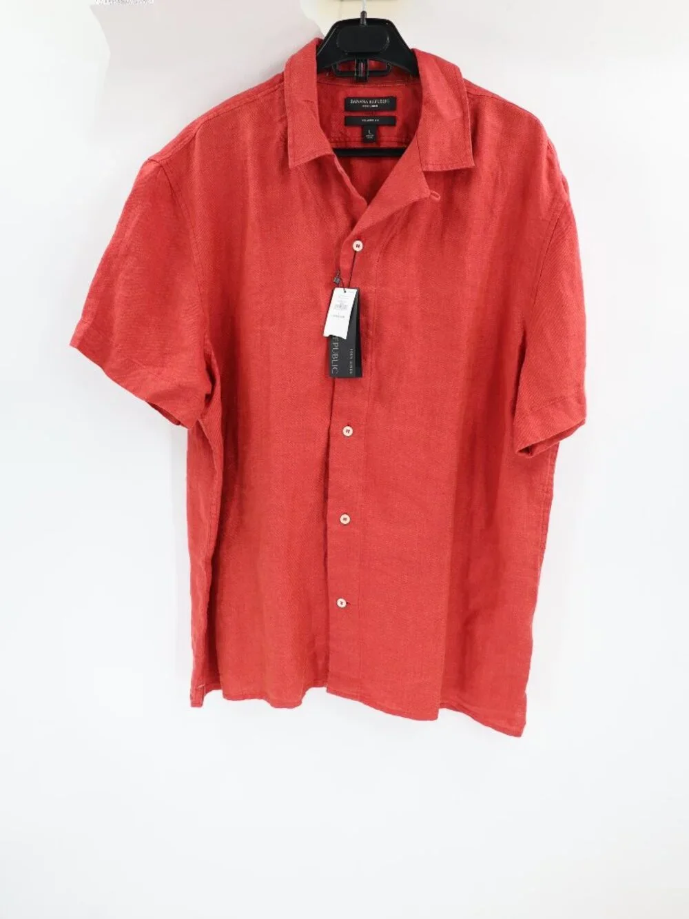 NWT Banana Republic Camp Shirt Mens Large Linen Relaxed Short Sleeve loop collar